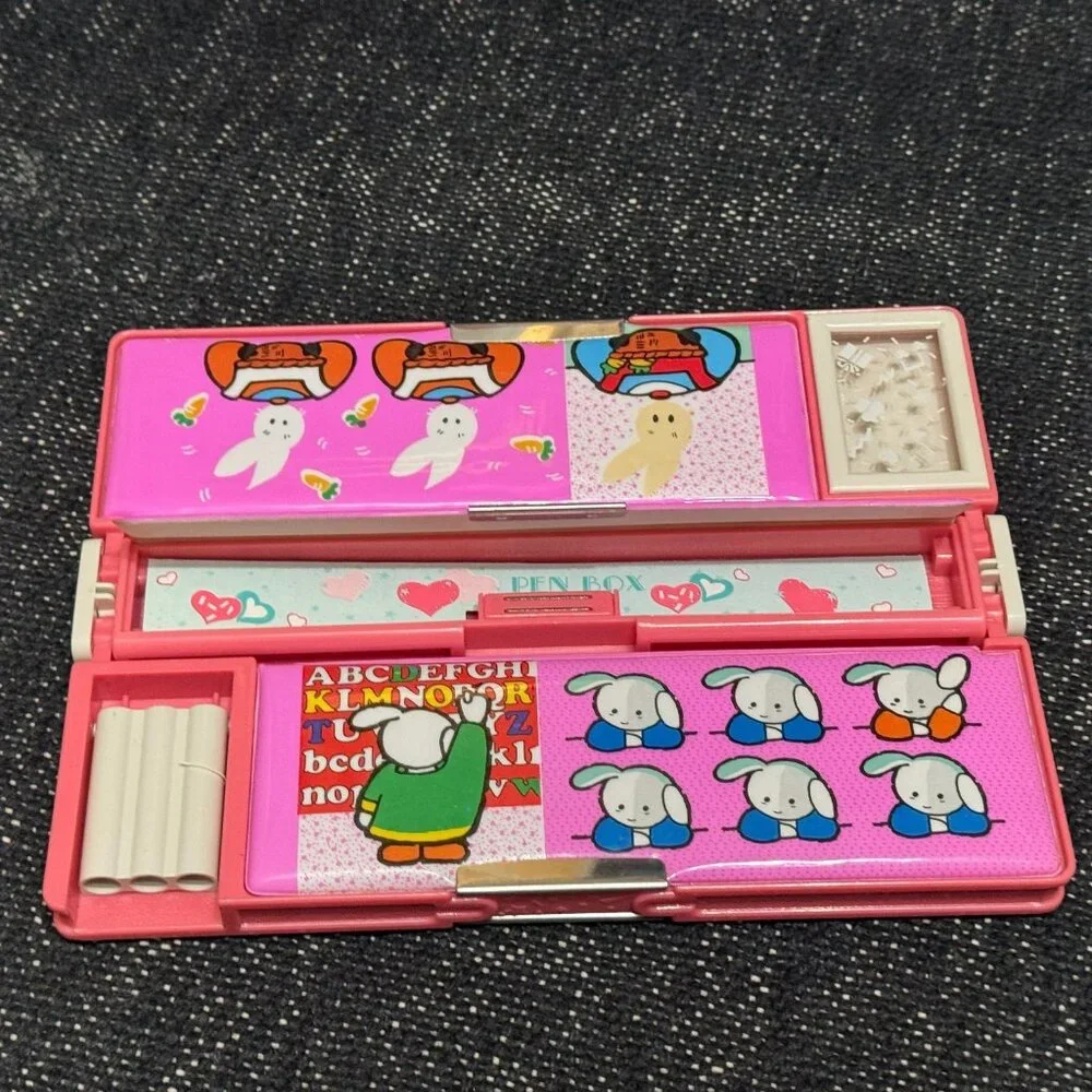 Flomo® Pencil Case, Double-Sided Multi-Compartment, Pink Bunny, Vintage 1980s